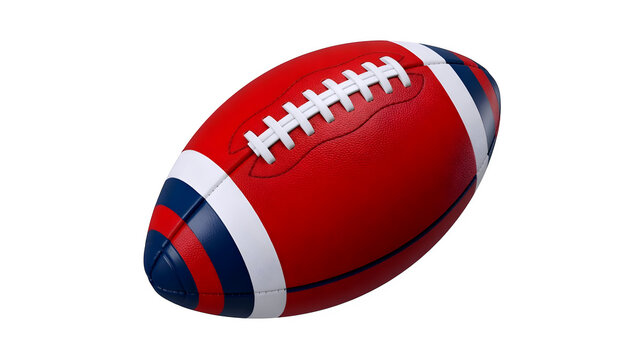 Red rugby ball with white and blue stripes isolated on transparent background
