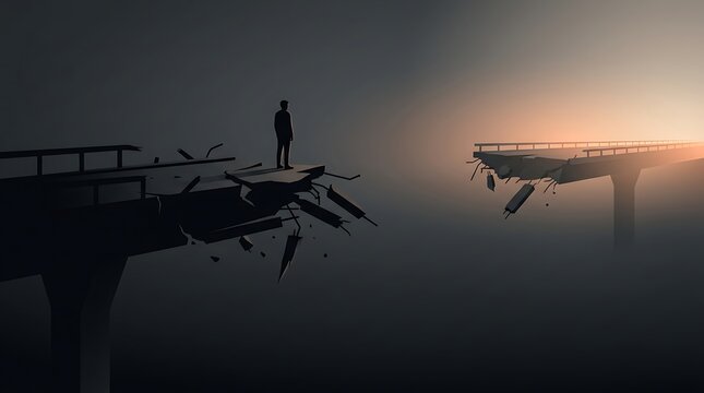 Man standing on edge of broken bridge looking across a deep chasm towards distant horizon at sunrise in metaphorical digital art representing life challenges and overcoming obstacles
