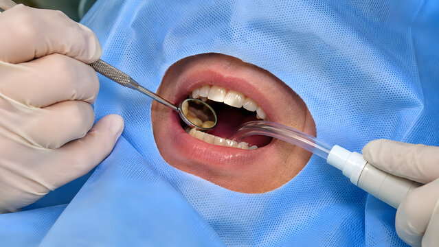 Dental procedure with rubber dam or cheek retractor isolated closeup