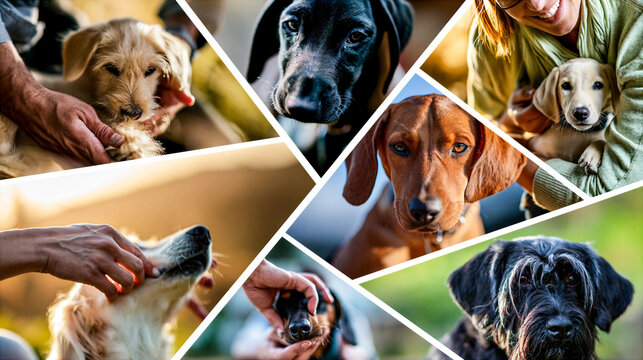 montage of caring, playing and looking after dogs in a grid formation separated by a white keyline creating a dynamic layout