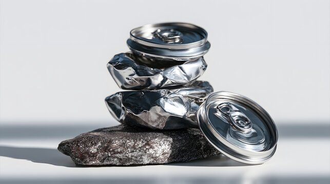 Crushed beverage cans pile beside dark rock