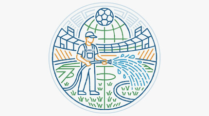 Groundskeeper watering soccer field with hose near stadium. © Adre