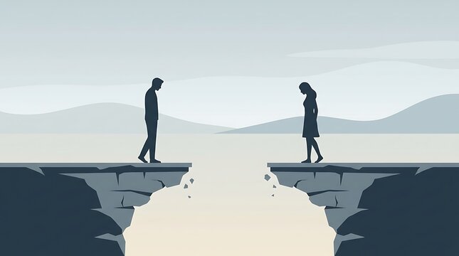 Silhouette couple standing on edges of crumbling cliffs separated by deep canyon representing relationship breakdown and distance in emotional conceptual vector illustration