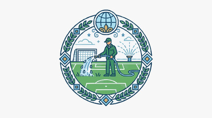 Gardener watering a soccer field with a hose and sprinkler system. © Adre