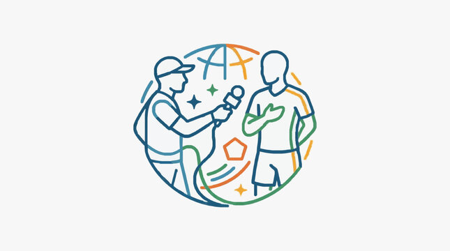 Journalist interviewing athlete with microphone in front of globe illustration.