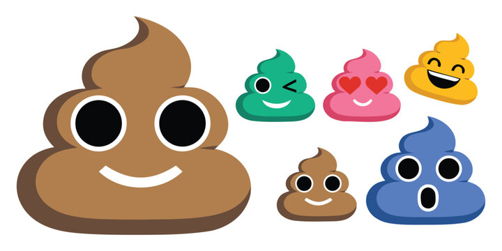 Fun set of brown poop emoji characters with different facial expressions including happy, sad, love, angry, and crying.