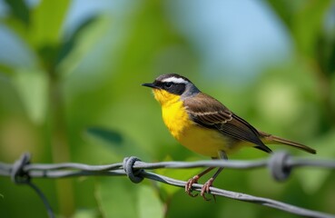 Obraz premium Common Yellowthroat bird perches on wire fence. Small songbird with bright yellow chest and grey back. Green foliage and blue sky in background. Wild animal.