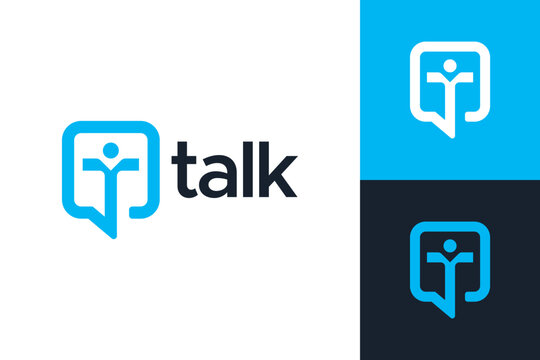 The T-shaped speech bubble logo design features an abstract person icon. The Talk logo symbolizes communication, interaction, and technological media.