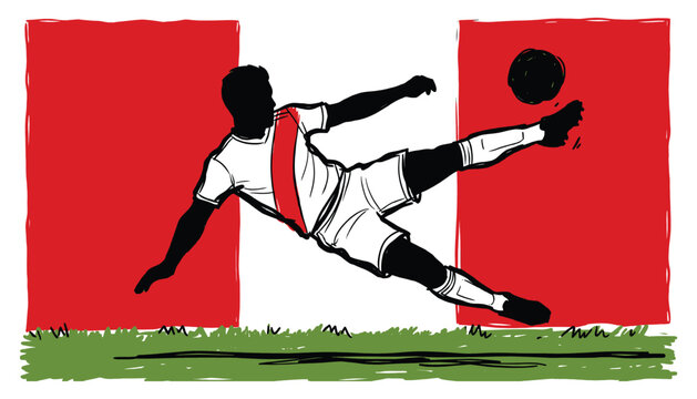 Peruvian soccer player performing a dynamic volley kick against a national flag background