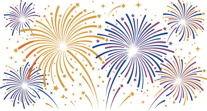 Fireworks display vector illustration with gold purple and blue bursts