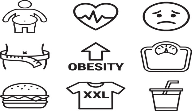 Obesity and Weight Management Doodle Line Icon Set with Health and Lifestyle Symbols