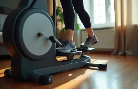 Woman legs in sneakers workout on elliptical trainer at home. Person doing cardio exercise on fitness machine, improving health and wellness. Indoor gym activity for fit body.