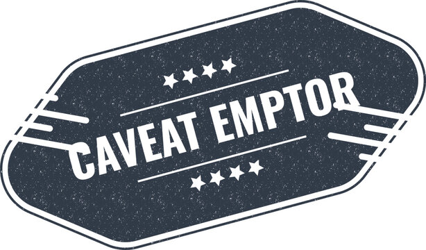 A vintage style black label sticker featuring the Latin phrase caveat emptor with decorative stars