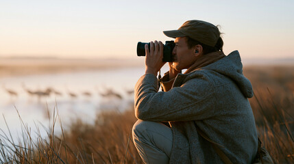 Naklejka premium Wildlife photographer crouching behind riverside reeds in predawn mist adjusting a long lens aimed toward a flock of cranes landing in shallow water during their northward spring
