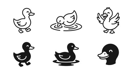 Fototapeta premium Set of cute duck icons in outline and solid black style with illustration collection creative character wildlife