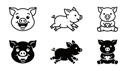 Obraz premium Cute pig icons set in outline and black solid style with illustration character collection livestock elements