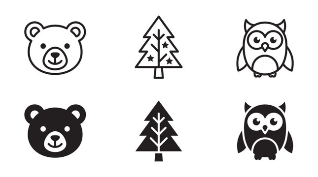Bear and owl forest icons with christmas tree symbols christmas wildlife silhouette illustration woodland creature