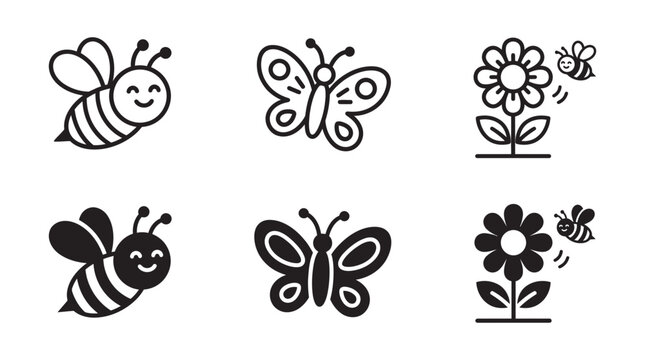 Garden insect and flower icons including bees and butterflies with butterfly pollinator collection silhouette