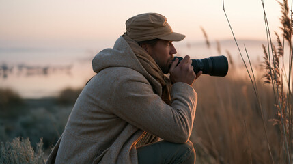 Obraz premium Wildlife photographer crouching behind riverside reeds in predawn mist adjusting a long lens aimed toward a flock of cranes landing in shallow water during their northward spring
