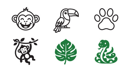 Obraz premium Tropical jungle wildlife and plant icon set with tropical silhouette collection botanical illustration monochrome