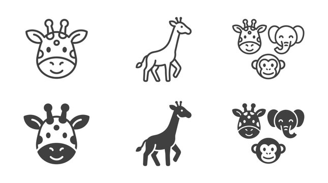 Set of cute giraffe elephant and monkey face icons in outline and solid styles elephant wildlife illustration