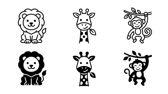 Jungle animal icon set featuring lion giraffe and monkey silhouette collection illustration monochrome isolated