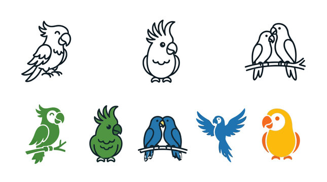 Set of cute parrot icons in line art and flat styles with tropical wildlife colorful collection illustration