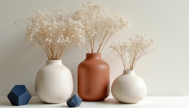Three textured ceramic vases with dried flowers, decorative geometric stones on light surface. Minimalist home decor still life with organic shapes, neutral tones. Natural beauty arrangement for