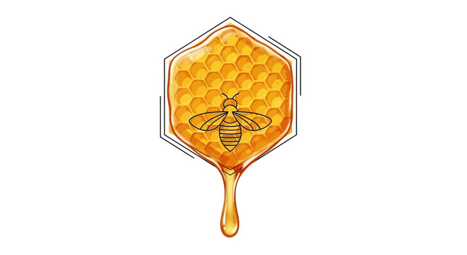 Honey Bee in Hexagonal Honeycomb with Dripping Honey - Vector Illustration