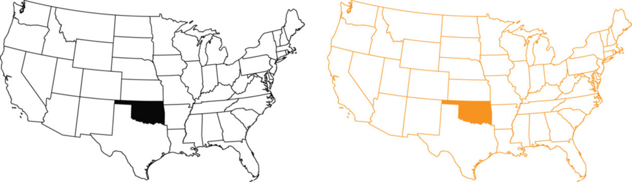 Map of united states highlighting oklahoma state with black and orange colors
