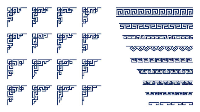 Set of traditional chinese decorative corner frames and border patterns, vector illustration