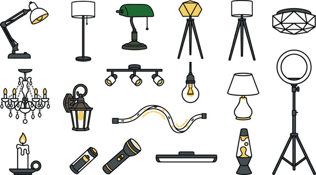Modern Home Lighting and Lamp Vector Icon Set featuring Chandelier Floor Lamp Desk Light Ring Light and Interior Illumination Design Elements