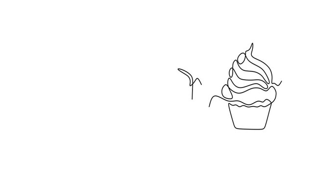 Animated self drawing of continuous line draw of Continuous Line Art Desserts Cake Slices and Cupcake. Logo in Line Art. Full length one line animation. 4K	 