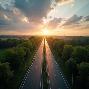 Aerial View of Empty Highway at Sunrise Through Green Forest Landscape with Dramatic Sky