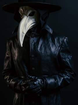 A man wearing a Venetian Plague Doctor bone-white leather beak mask