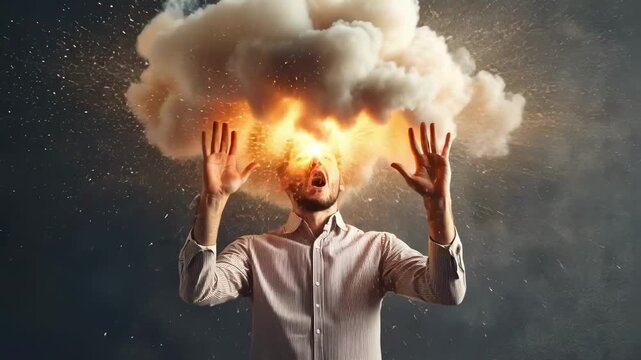 Exhausted office worker suffering from burnout syndrome with exploding head and cloud, experiencing stress, pressure, and mental health issues