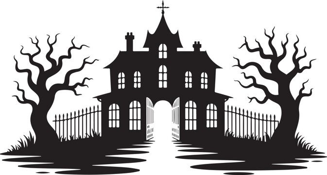Silhouette of a spooky haunted house with bare trees and a fence, vector illustration of a creepy mansion for halloween design