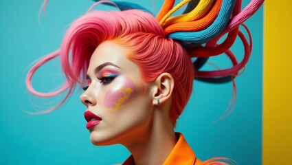 Fototapeta premium Female model with vibrant pink and multicolored hair styled in an artistic manner, wearing bright orange clothing against a blue and yellow background