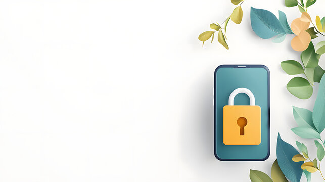 Mobile Security Concept: Smartphone with Padlock and Decorative Leaves on White Background, Representing Data Protection and Digital Privacy