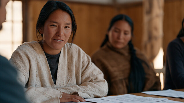 Indigenous textile cooperative meets inside a rural community hall to review a licensing proposal from a fashion conglomerate, legal documents spread across the table, members