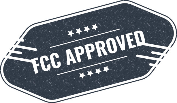 A vintage style dark blue stamp featuring bold white text showing the FCC approved label