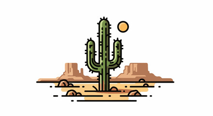Obraz premium Desert landscape with a Saguaro cactus, mesa formations, rocks, and a sun