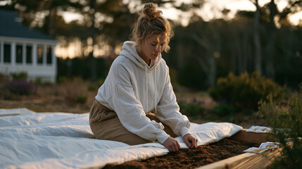 Fototapeta premium Woman kneeling at the edge of a raised bed pulling back a tarp to reveal warm soil below while seed envelopes line the garden path beside her and morning birds call from the tree