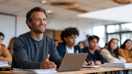 Fototapeta premium Back-to-school orientation coordinator demonstrates college counseling platform scholarship database to group of first-generation high school seniors seated at shared tables in