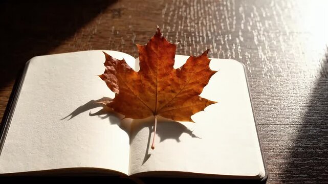 Slow motion single dry autumn leaf falling onto blank notebook
