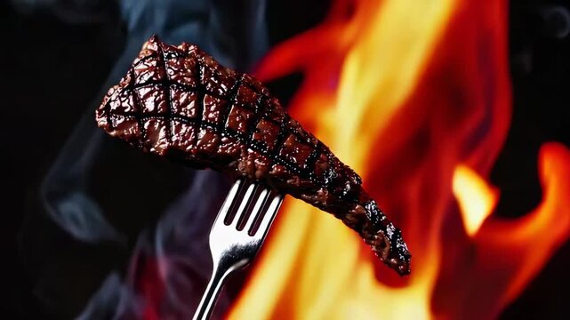 Juicy grilled beef steak with perfect grill marks is presented on a fork against a backdrop of vibrant flames and smoke, creating a visually appealing culinary scene