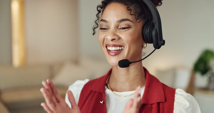 Headset, talking and businesswoman in office with virtual assistant, crm or help desk for consultation. Mic, contact us and female technical support agent with customer care, advisory or service.
