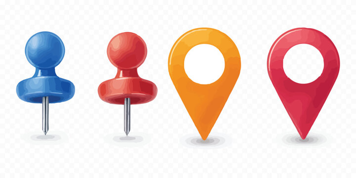 Set of colorful office pushpins and map location markers with location navigation colorful stationery interface geography business destination visualization