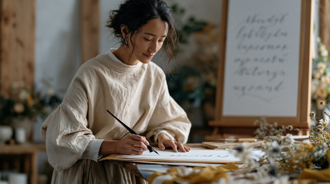 Calligraphy artist at a craft studio lettering welcome signage for an upcoming autumn wedding, pointed pen dipped in black ink, reference alphabet guide pinned beside the easel,