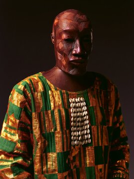A tribesman wearing a West African Baule carved mahogany mask with scarification patterns